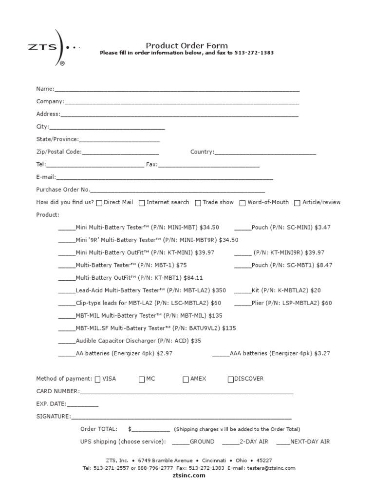 Product Order Form: Please Fill in Order Information Below, and Fax To ...