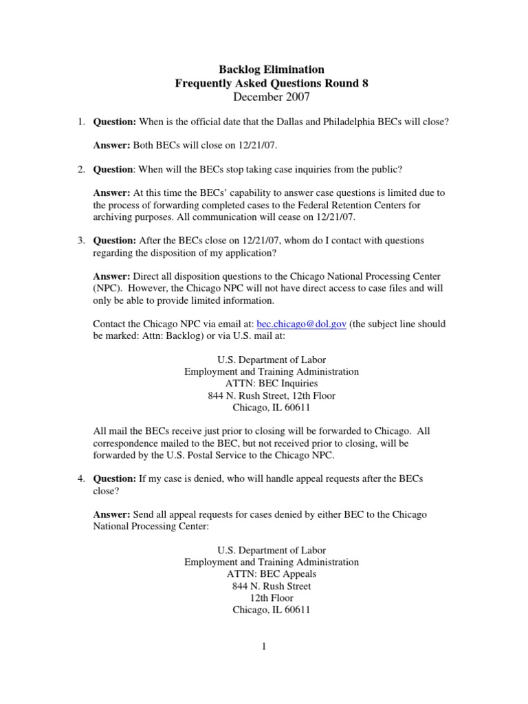 Backlog Elimination Frequently Asked Questions Round 8 December 2007