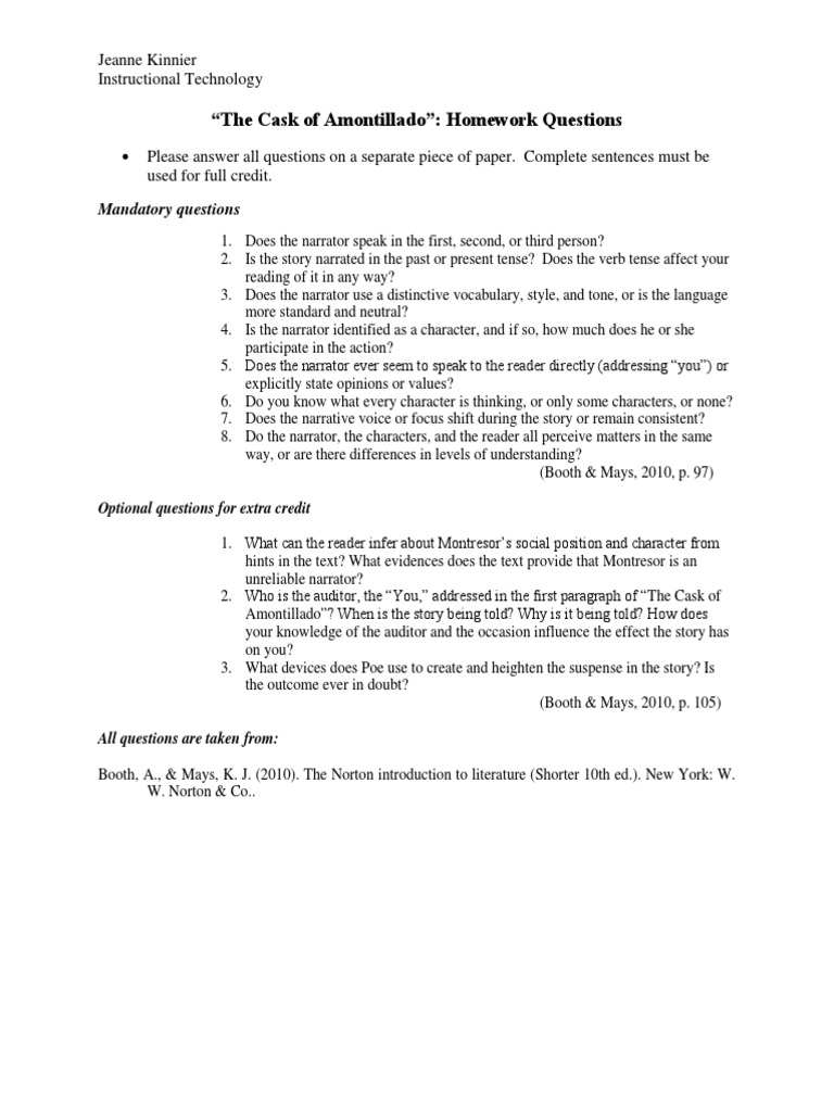 The Cask of Amontillado Homework Questions PDF