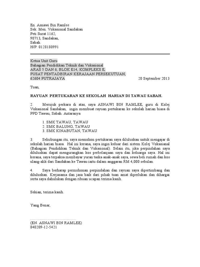 Contoh Surat Rayuan Pertukaran 2013 Pdf