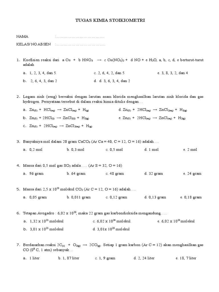Tugas Kimia Stoikiometri dan Reaksi | PDF | Sains & Matematika ...
