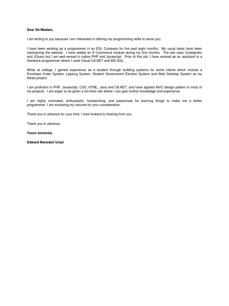 Programming Skills Cover Letter | PDF