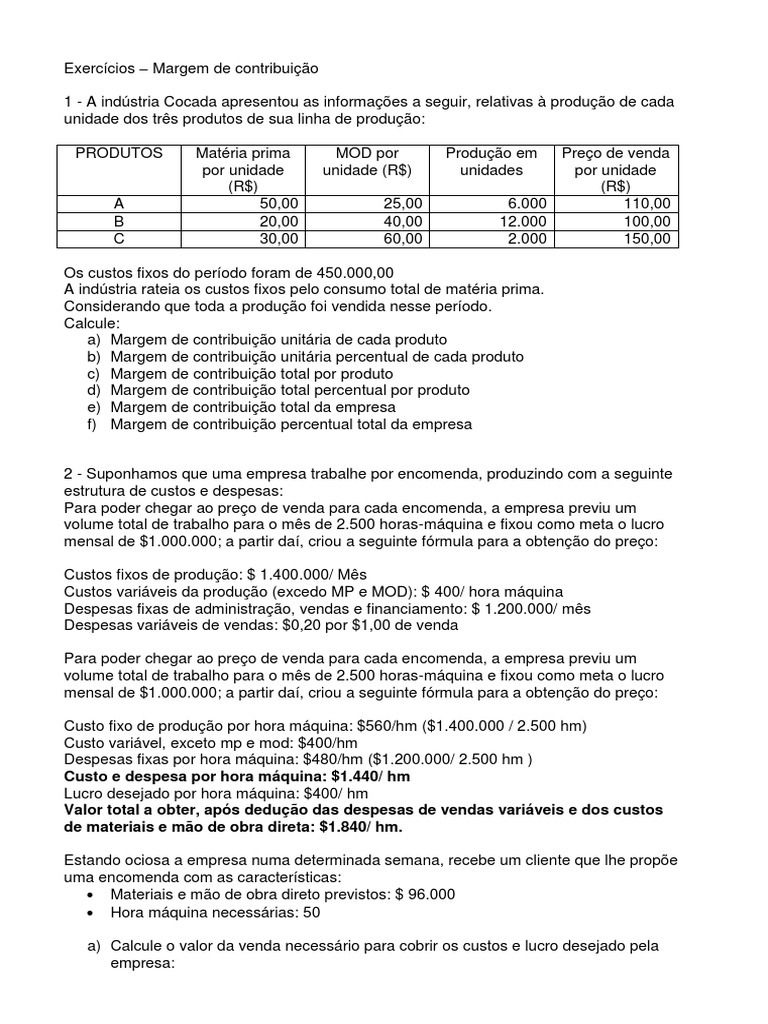 Margem De Contribuição Unitaria Em Percentual