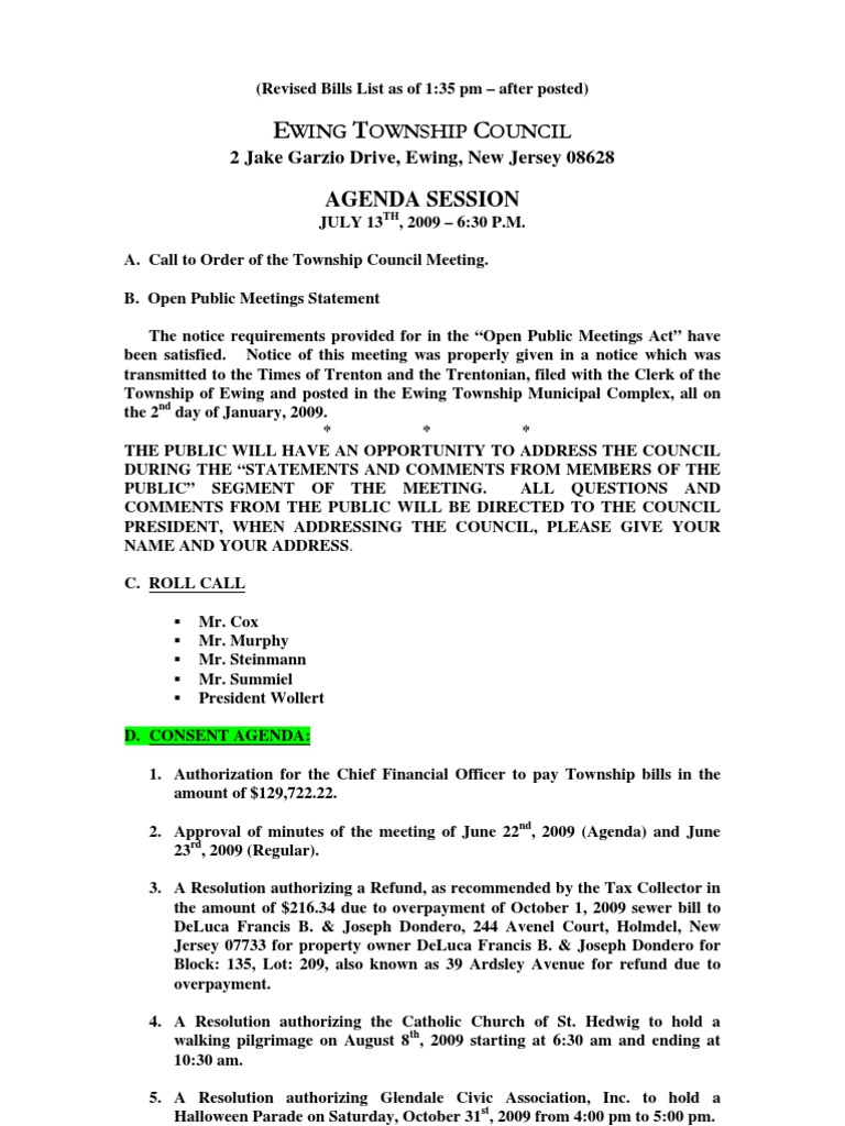 Ewing Township Council Meeting Agenda | PDF | Social Institutions ...