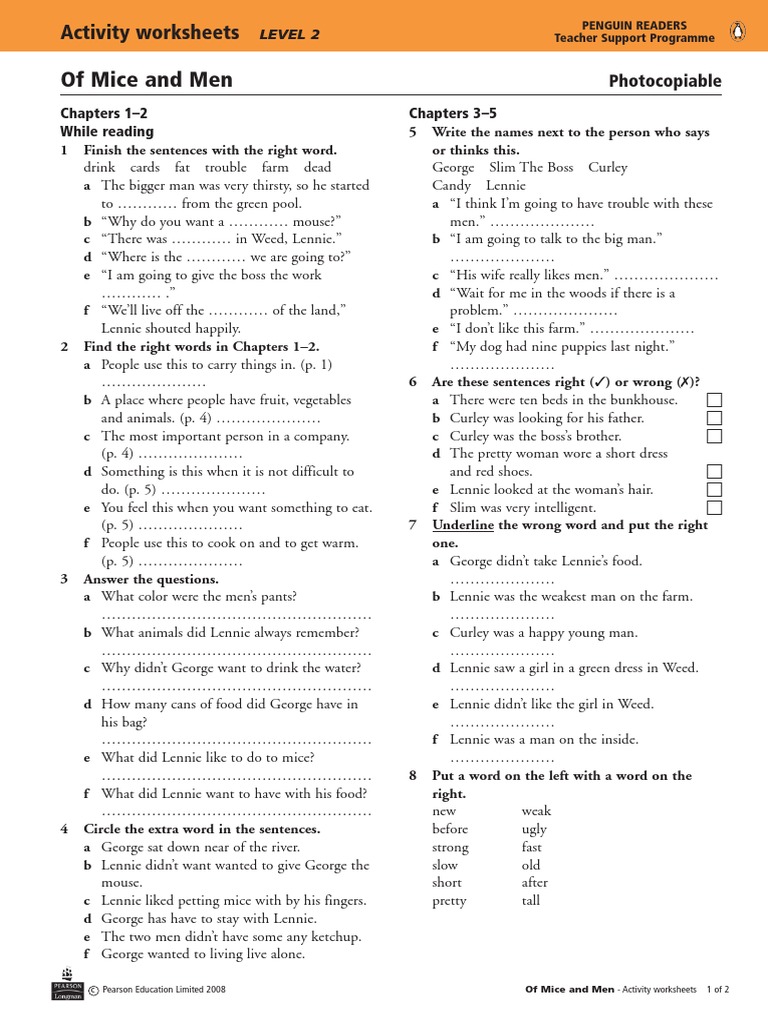 Worksheet of Mice and Men