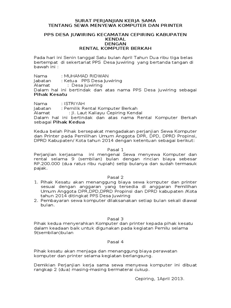 Contoh Surat Perjanjian Sewa Menyewa Komputer Contoh Seputar Surat