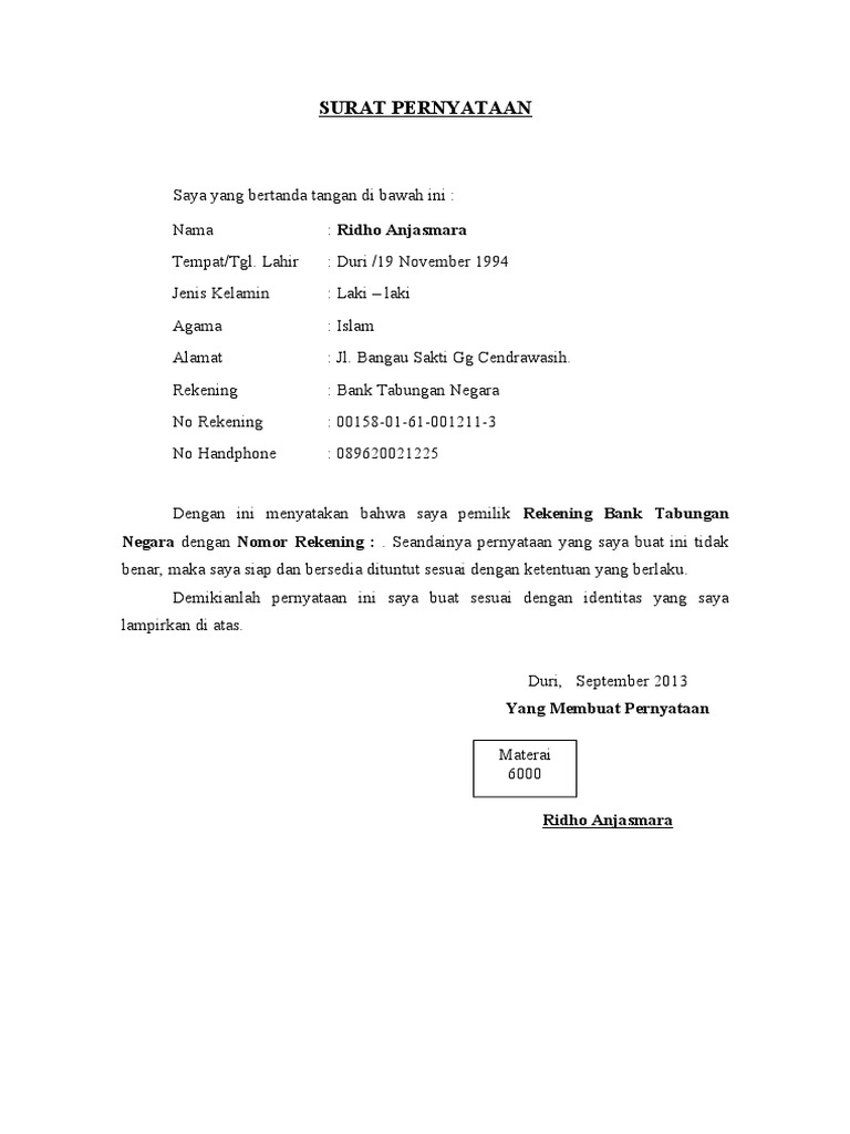 Inilah Contoh Surat Pernyataan Kepemilikan Rekening Bank Perusahaan