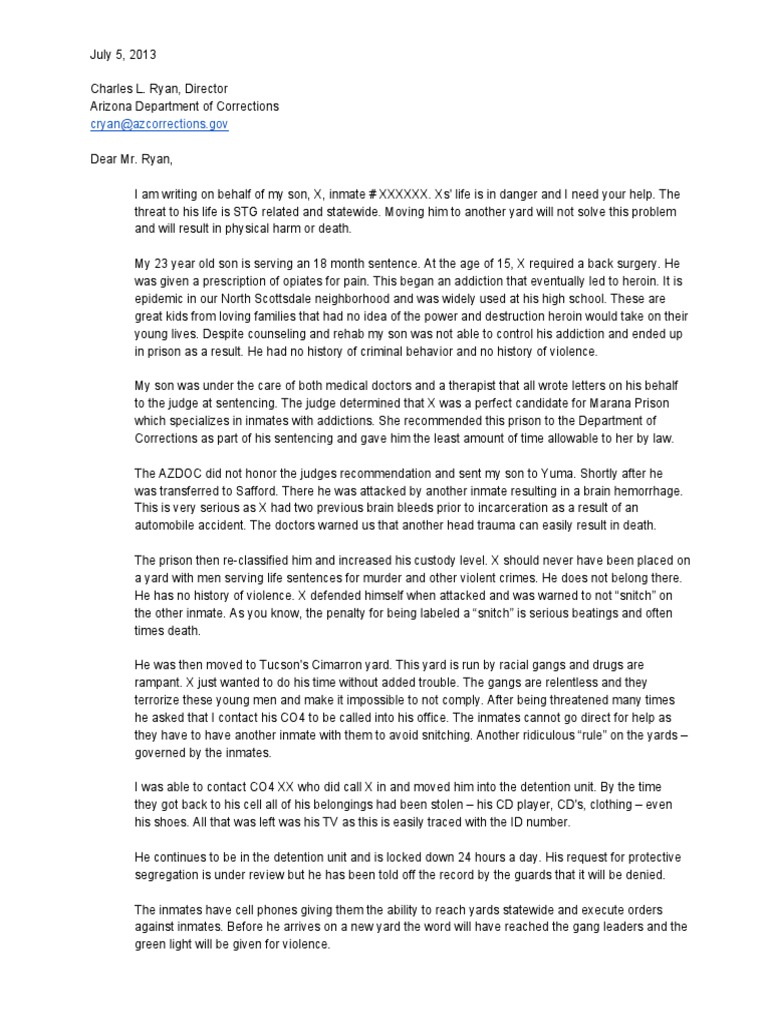 SAMPLE letter from MOM re prisoner's safety Drug Rehabilitation Prison