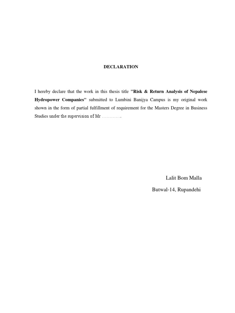 Declaration: I Hereby Declare That The Work in This Thesis Title 