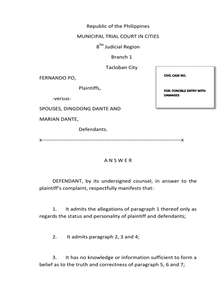 Answer to Unlawful detainer
