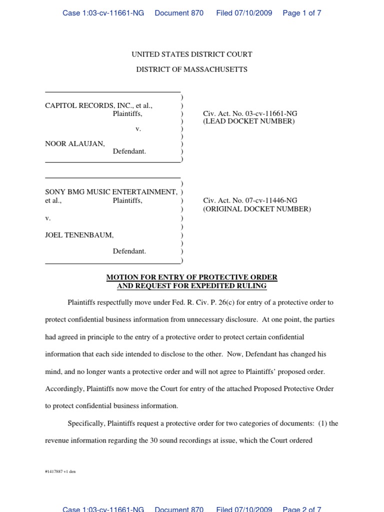 Plaintiffs Motion For Protective Order Re Revenues Discovery (Law