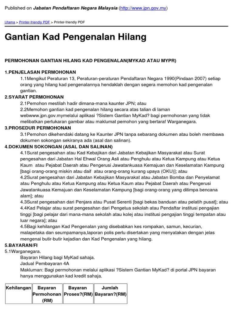 Jabatan Pendaftaran Negara Malaysia Gantian Kad Pengenalan Hilang 2013 06 04 Pdf