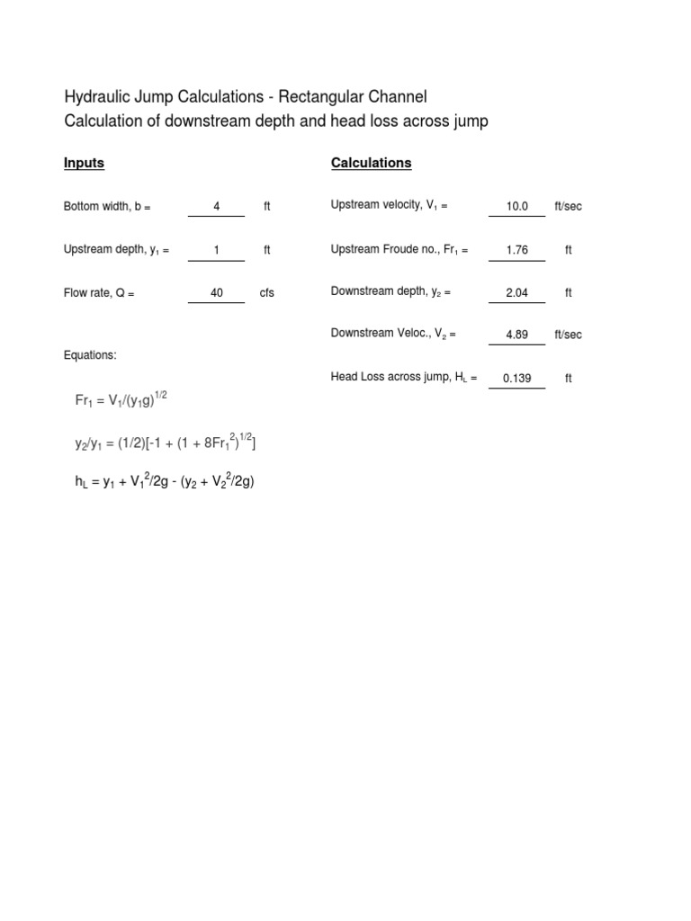Hydraulic Jump Calculations Rectangular Channel Calculation of
