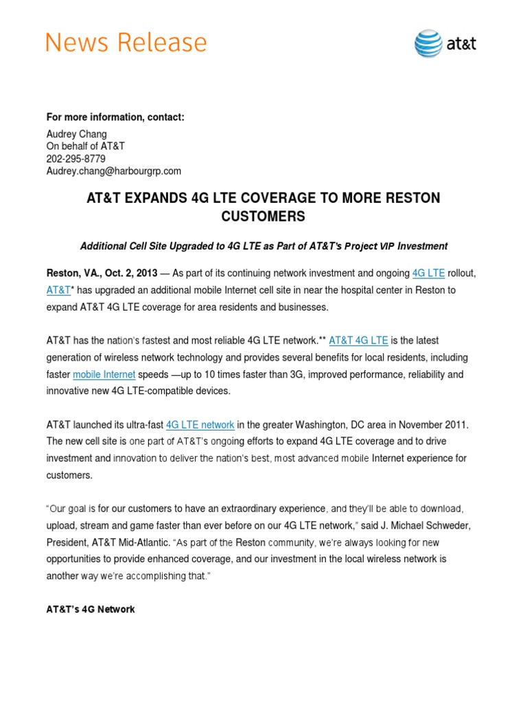 At&T Expands 4G Lte Coverage To More Reston Customers: For More ...