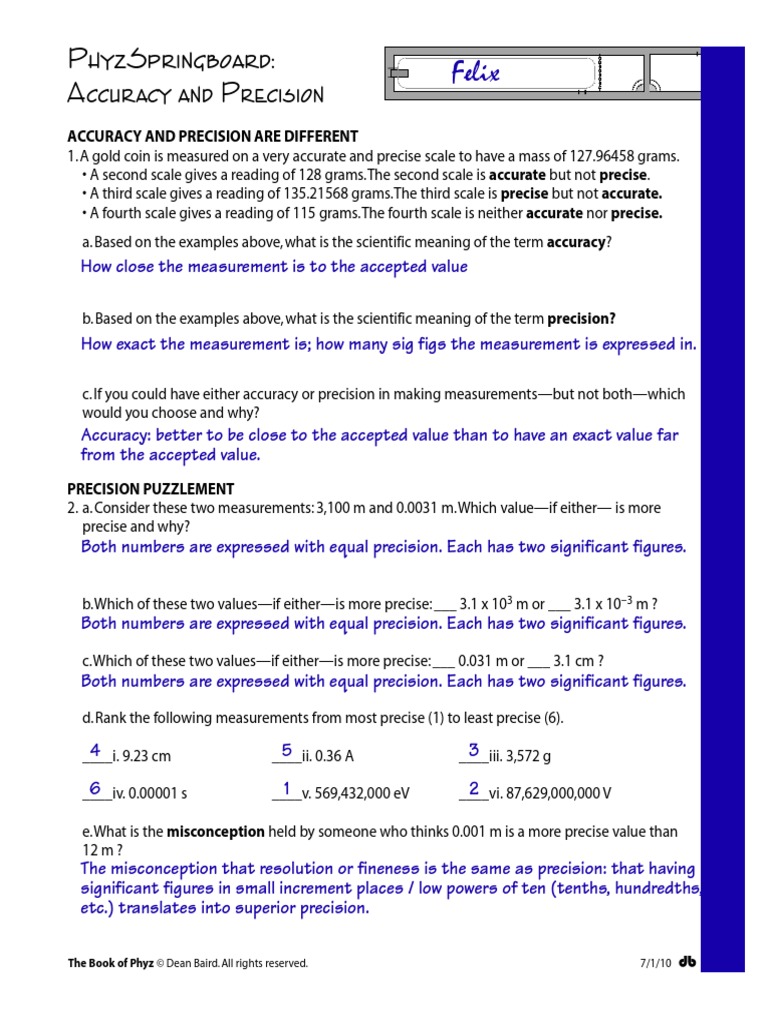 J Accpreerr SB Ans  PDF  Accuracy And Precision  Significant Regarding Accuracy And Precision Worksheet Answers