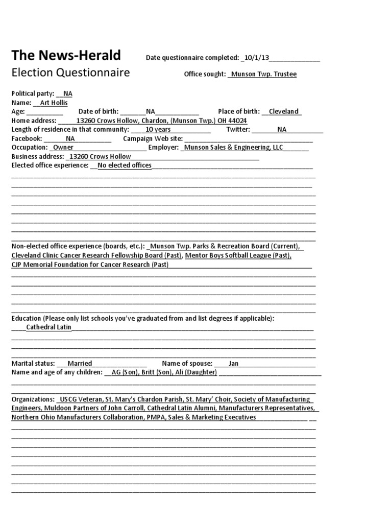 Art Hollis Election Questionnaire | PDF