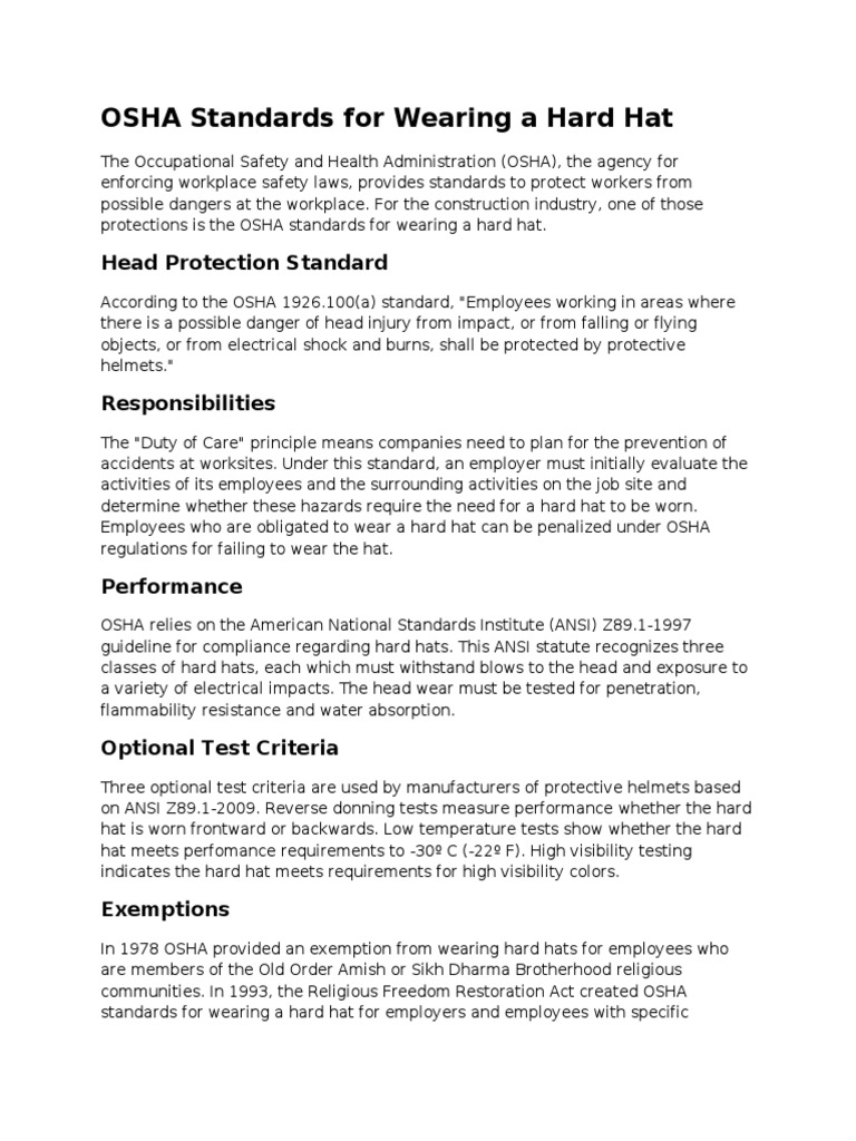 OSHA Hard Hat Standards PDF Occupational Safety And Health