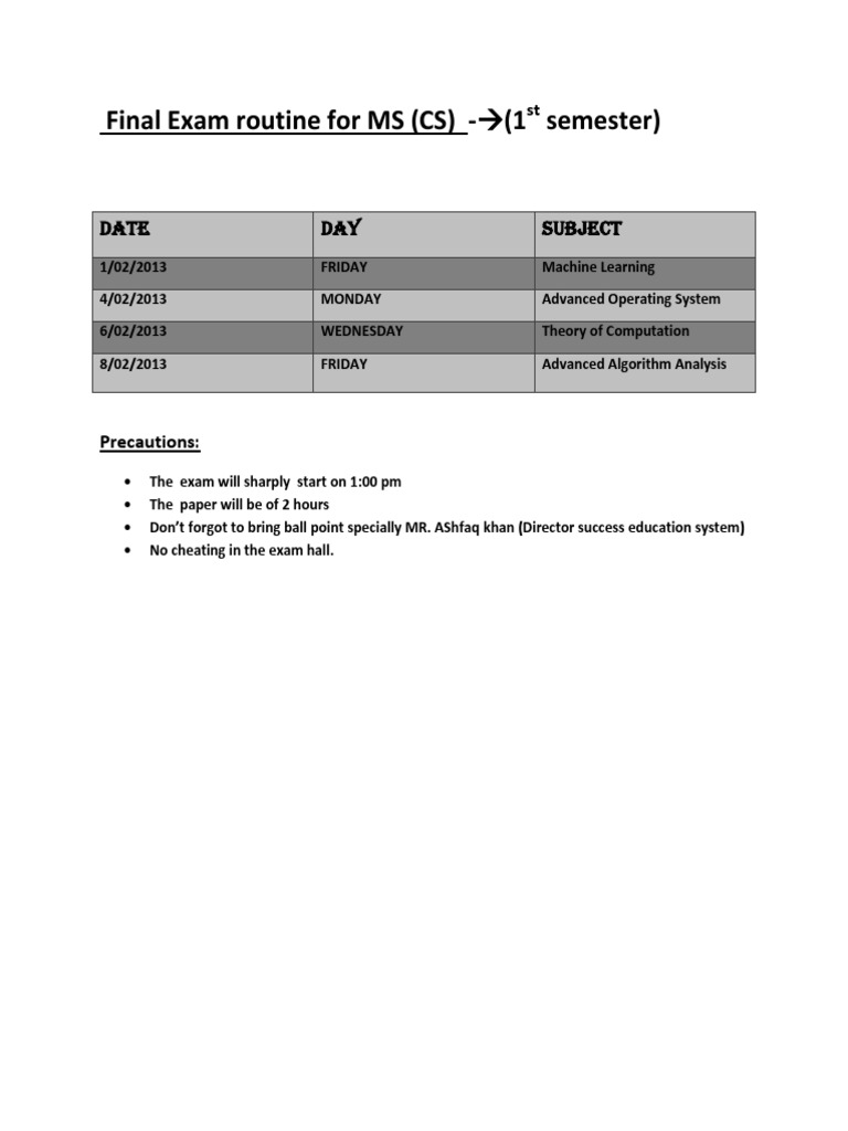 1st Semester Final Exam Routine | PDF
