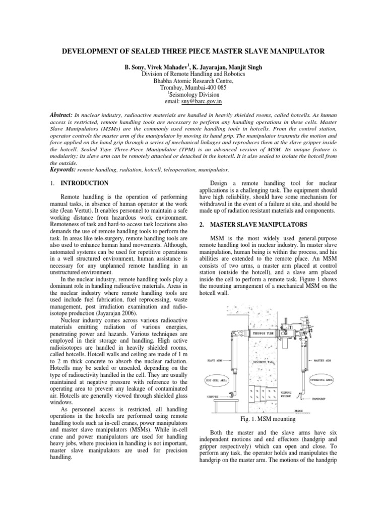 Development of Sealed Three Piece Master Slave Manipulator | PDF | Gear ...