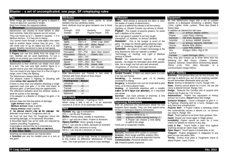 Blaster Simple One Page SF RPG Rules | PDF | Unrest | Leisure