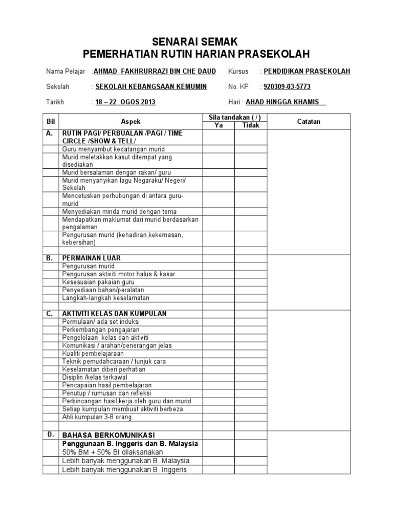 Senarai Semak Pemerhatian Rutin Harian Prasekolah