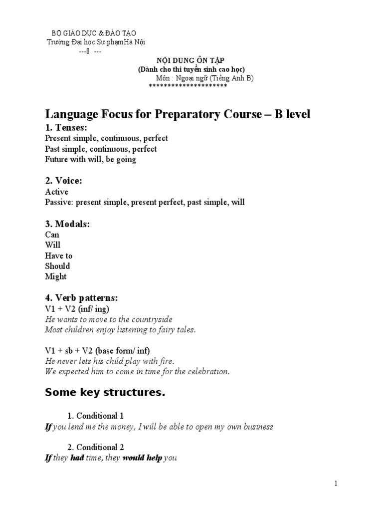 Language Focus For Preparatory Course - B Level: 1. Tenses | PDF