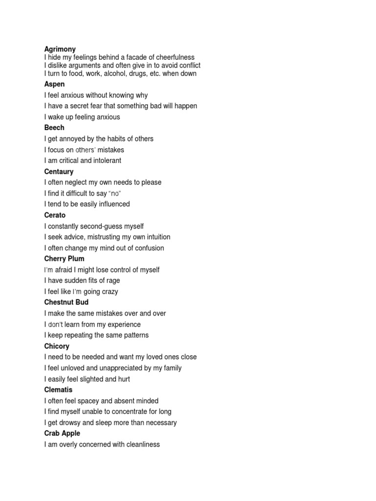 Bach Flower Questionaire PDF Depression (Mood) Behavioural Sciences