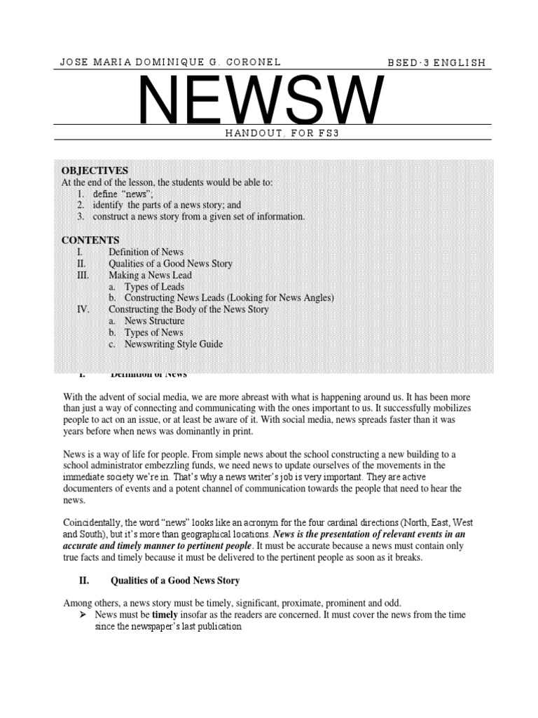 Handout in Newswriting News Newspapers