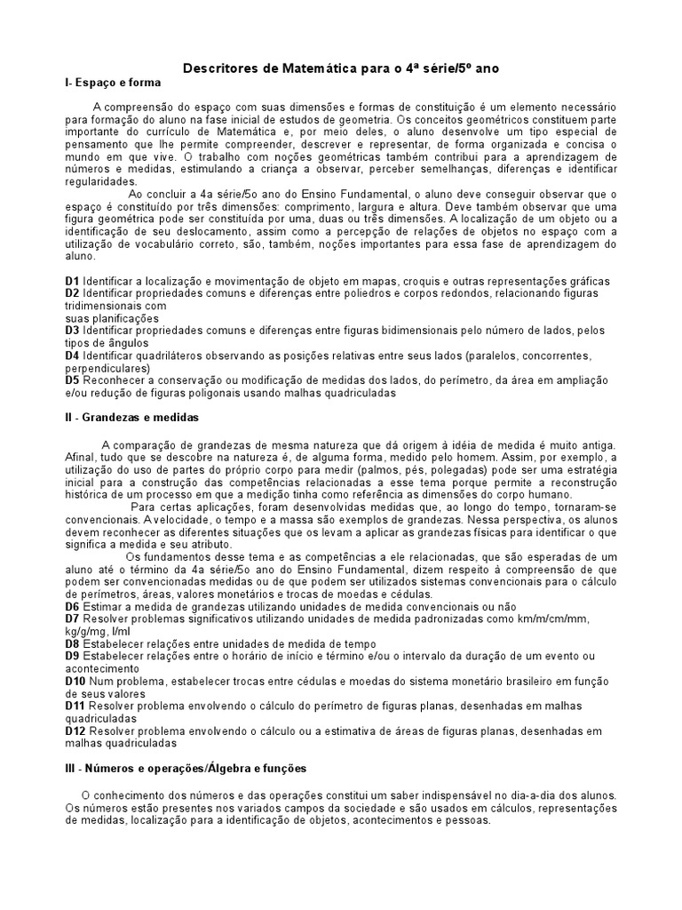 Descritores de Matemática 5º Ano | PDF | Equações | Fração (Matemática)