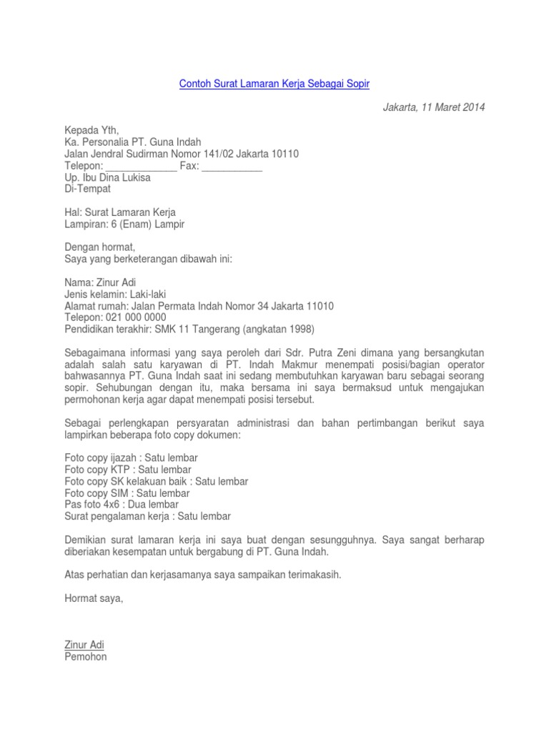 contoh surat lamaran kerja sebagai sopir