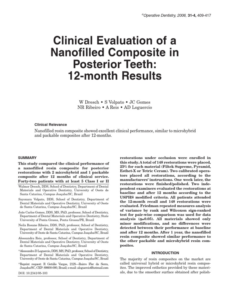 Clinical Evaluation of Nanofilled Composite in Posterior Teeth PDF