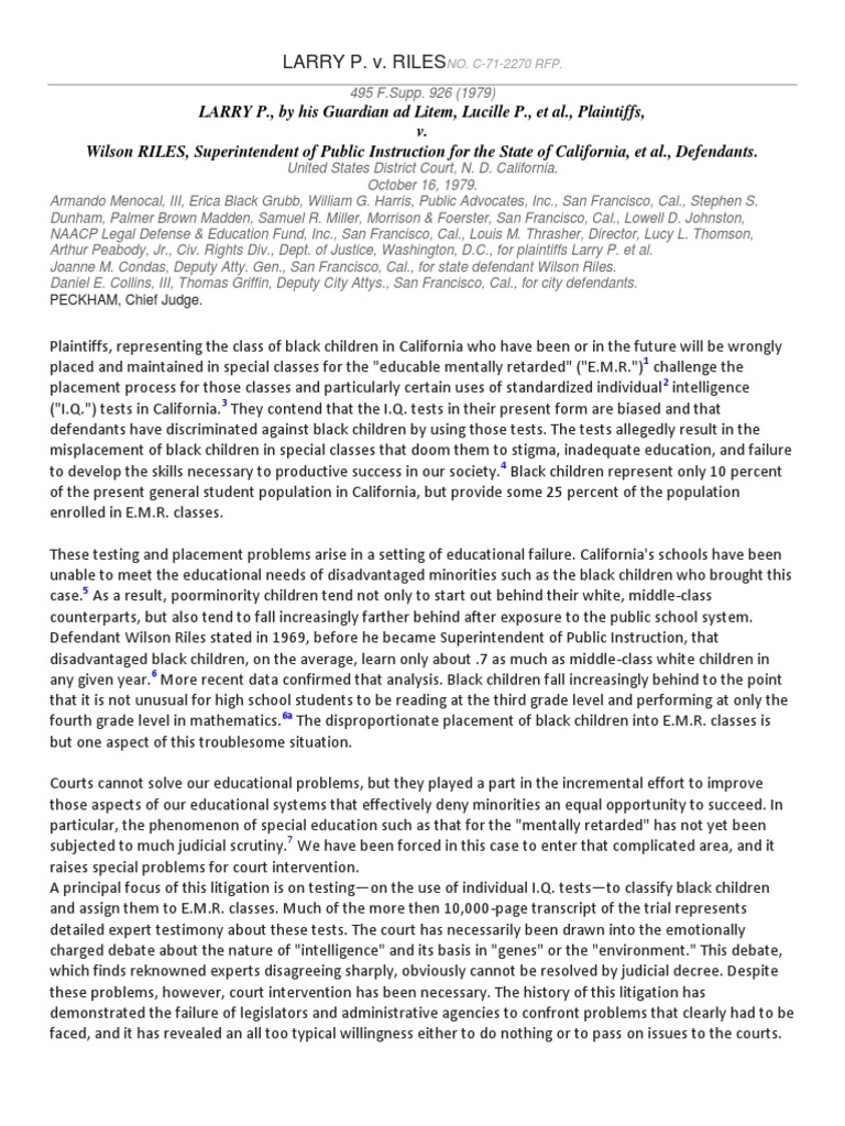 Larry P. v. Riles: Education Discrimination Case | PDF | Intelligence ...