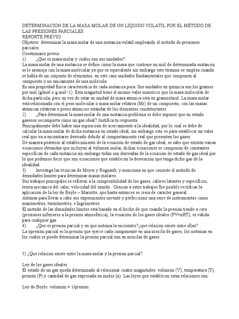 Masa Molar PDF Mole Unidad Gases