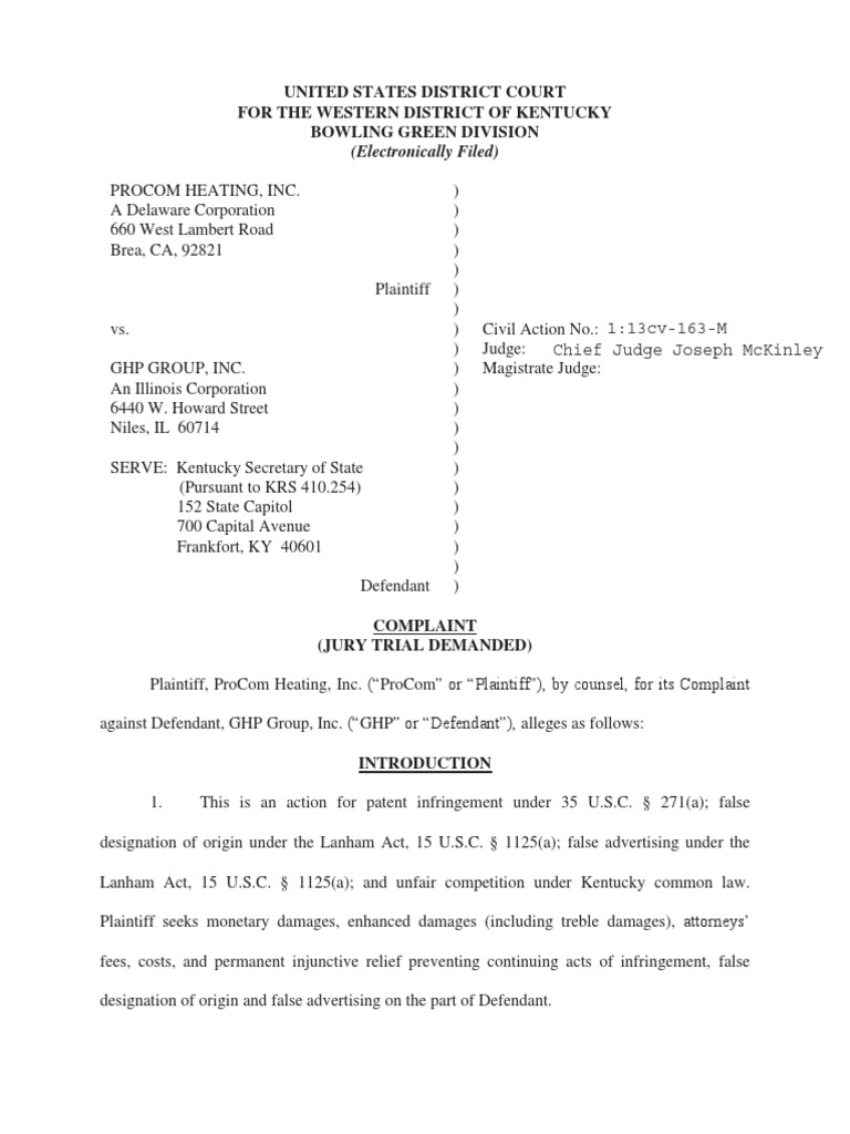Procom Heating V Ghp Group Patent Patent Infringement