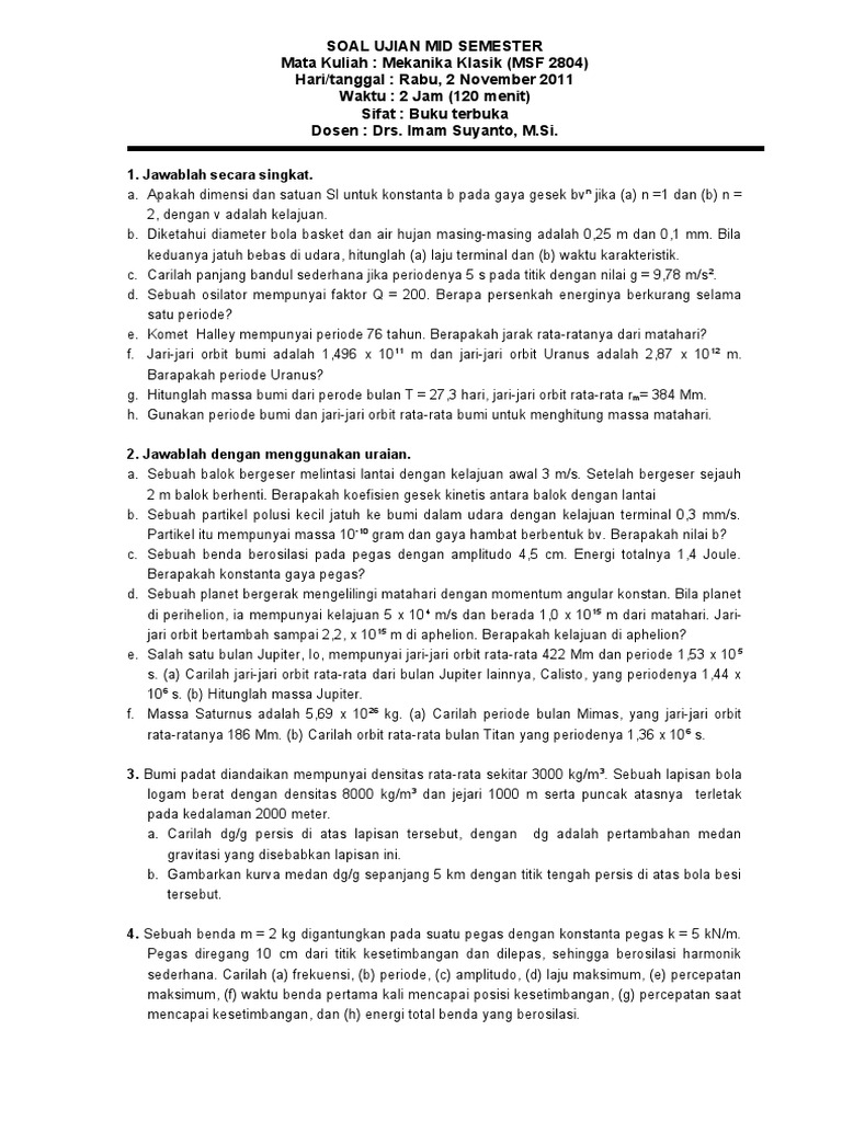 Soal Ujian Mid Semester Mekanika 2011