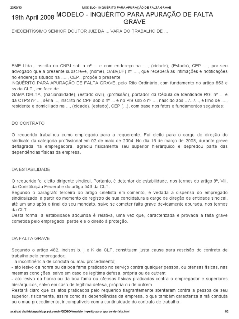 Modelo - Inquérito para Apuração de Falta Grave | PDF | Trabalho ...