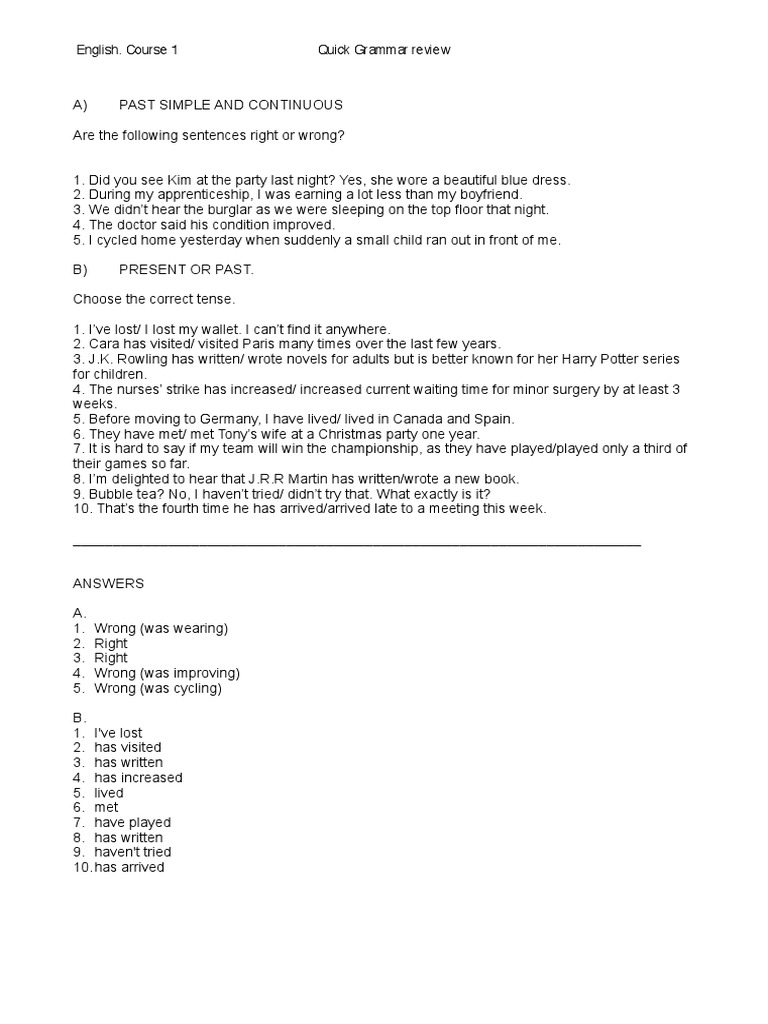 English. Course 1 Quick Grammar Review | PDF