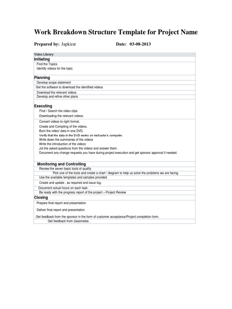 Work Breakdown Structure Template For Project Name: Prepared By ...