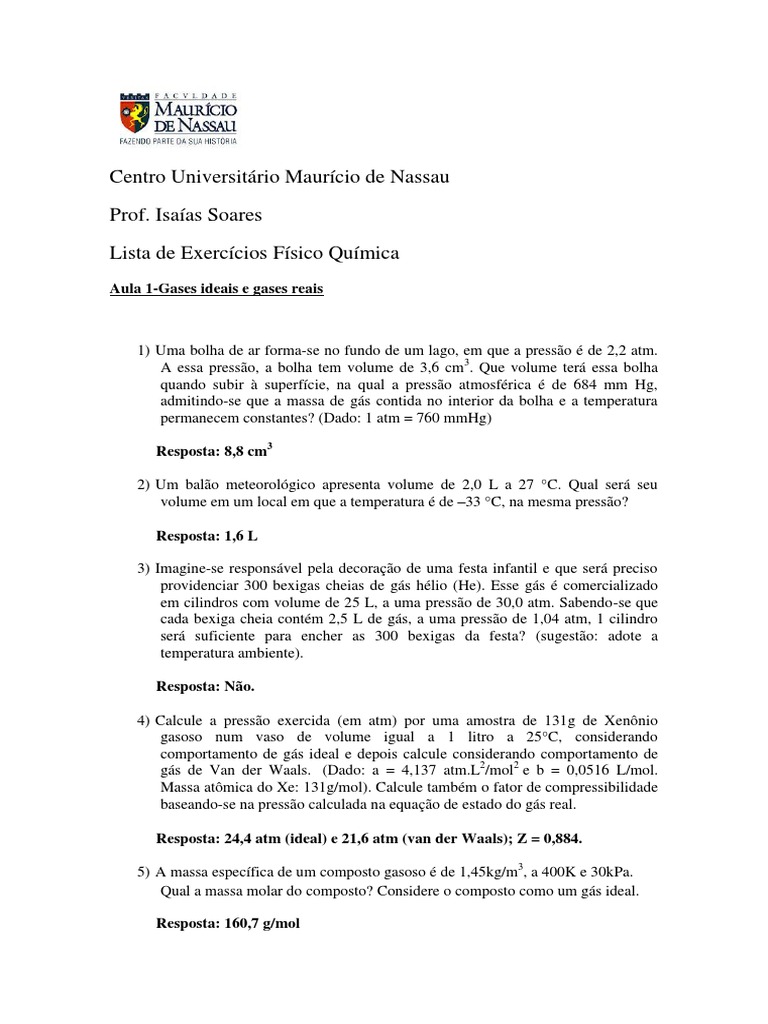 Exercícios de Físico-Química: Gases e Termodinâmica | PDF | Pressão | Gases