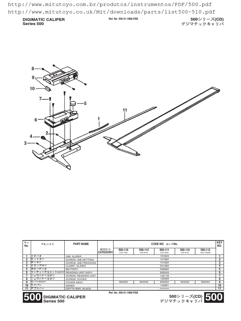 Caliper Mitutoyo 500515 Manbual (Parts List Exploded View) PDF