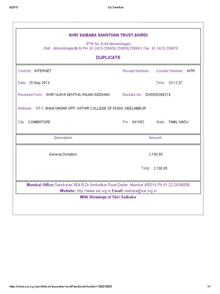 Sai Sansthan - Reciept | PDF