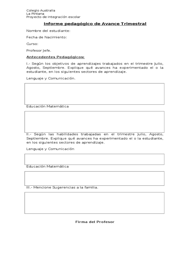 Informe Pedagógico de Avance Trimestral | PDF | Evaluación ...