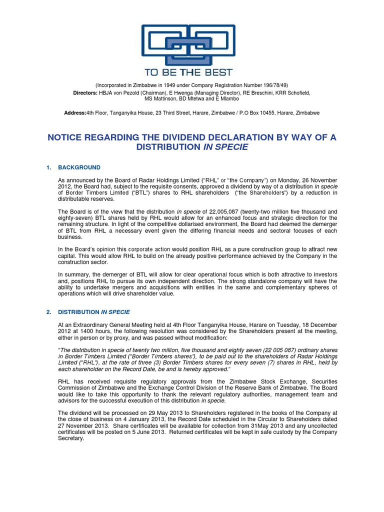 Radar Dividend In Specie Pdf Capital Gains Tax Withholding Tax