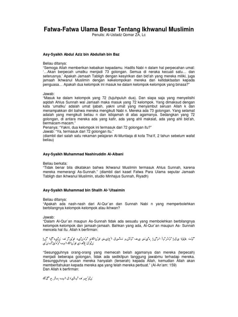 Fatwa Fatwa Ulama Besar Tentang Ikhwanul Muslimin Al Ustadz Qomar Za Lc Pdf
