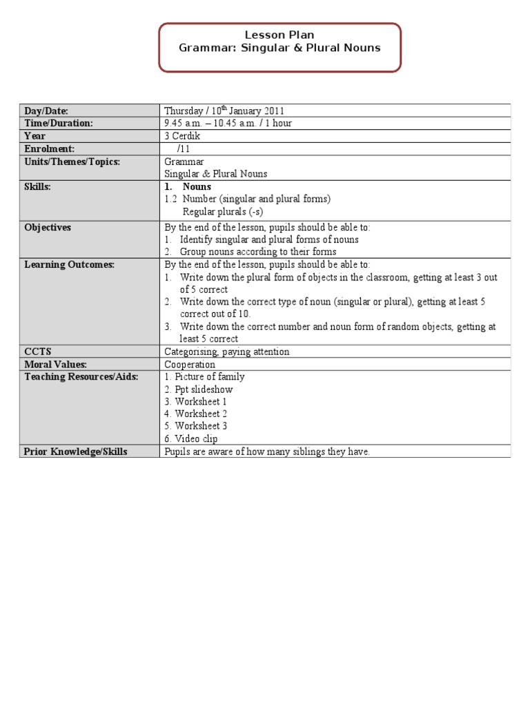 Singular and Plural Nouns Lesson Plan | PDF | Grammatical Number | Plural