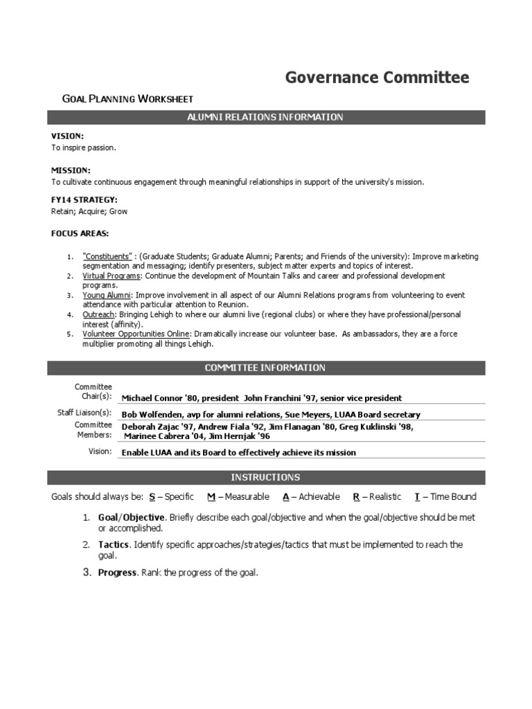 Governance Committee Goals Worksheet | Goal | Leadership