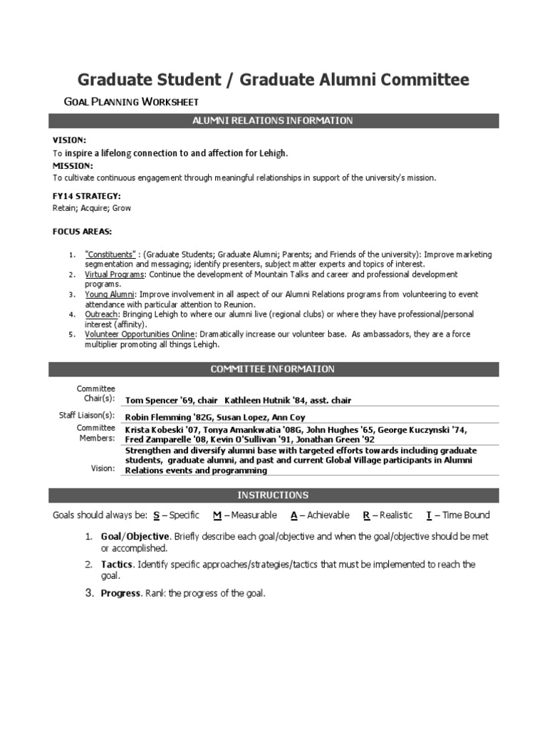 Graduate Committee Goals Worksheet Graduate School