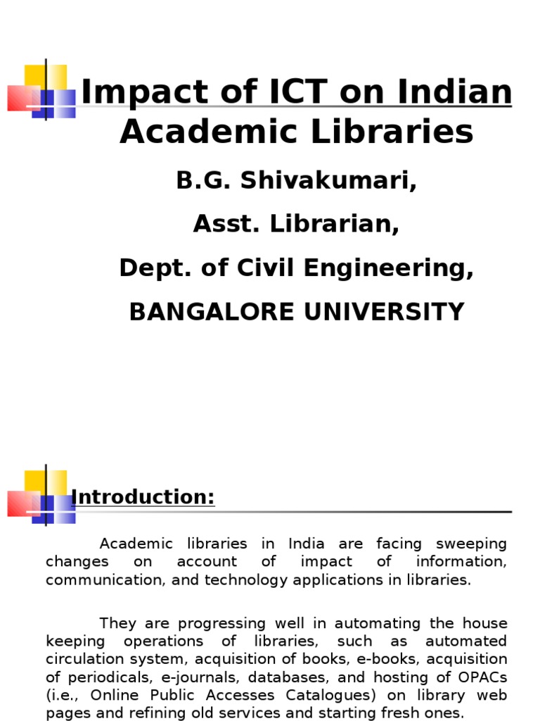 Impact of ICT On Indian Academic Libraries by BG Shivakumari | PDF ...