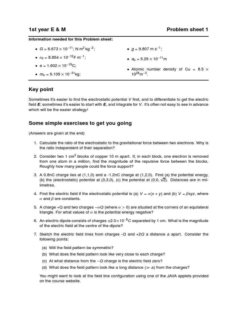 1st Year E & M Problem Sheet 1 | PDF | Electron | Potential Energy