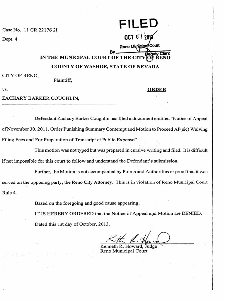 10 1 13 RMC Judge Kenneth Howard Order Denying Coughlin's Notice of ...